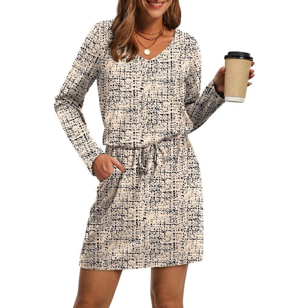 Women’s Fall Long Sleeve T Shirt Dress Casual V-Neck with Pockets Belt